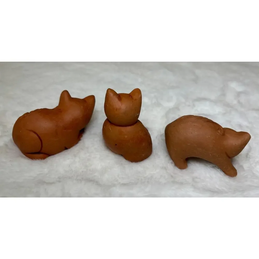 Handcrafted Miniature Vintage Carved Terracotta‎ Kitten Figurines Cat Sculptures
